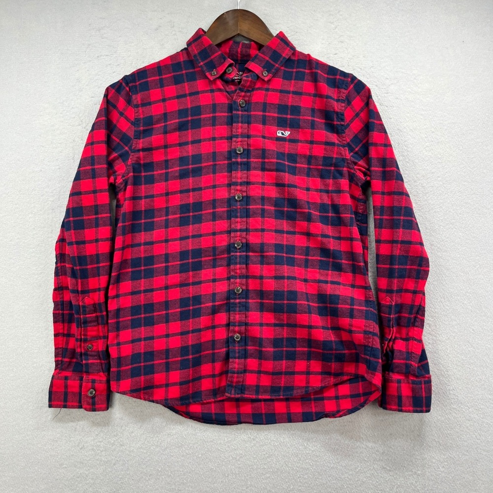 Vineyard‎ Vines Flannel Shirt Boys L 16 Red Navy Plaid Stretch Preppy Cabincore